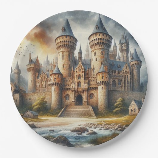 Middeleeuws kasteel bij zonsondergang met sfeervol papieren bordje (Voorkant)