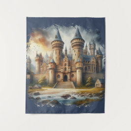 Middeleeuws kasteel bij zonsondergang met sfeervol wandkleed