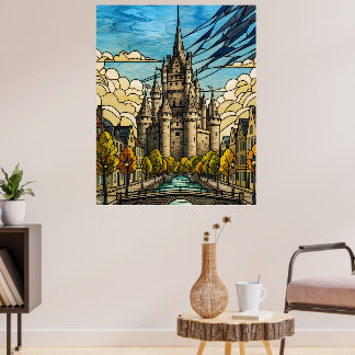 Middeleeuws Kasteel boven Kanaal Gebrandschilderde Poster