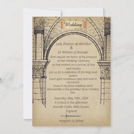 Middeleeuws kasteel faux perkament bruiloft kaart (Voorkant)