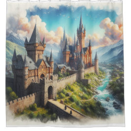 Middeleeuws kasteel in een bergvallei landschap douchegordijn