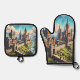 Middeleeuws kasteel in een bergvallei landschap ovenwant & pannenlap set