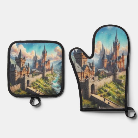 Middeleeuws kasteel in een bergvallei landschap ovenwant & pannenlap set (Voorkant)