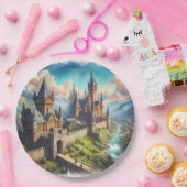 Middeleeuws kasteel in een bergvallei landschap papieren bordje (Feest)