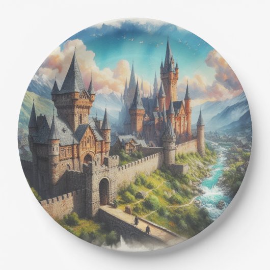 Middeleeuws kasteel in een bergvallei landschap papieren bordje (Voorkant)