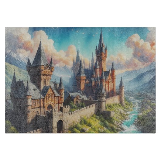 Middeleeuws kasteel in een bergvallei landschap snijplank (Voorkant)