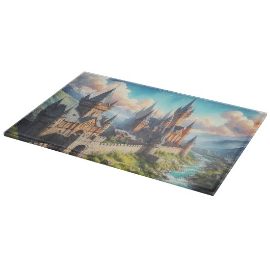 Middeleeuws kasteel in een bergvallei landschap snijplank (Hoek)