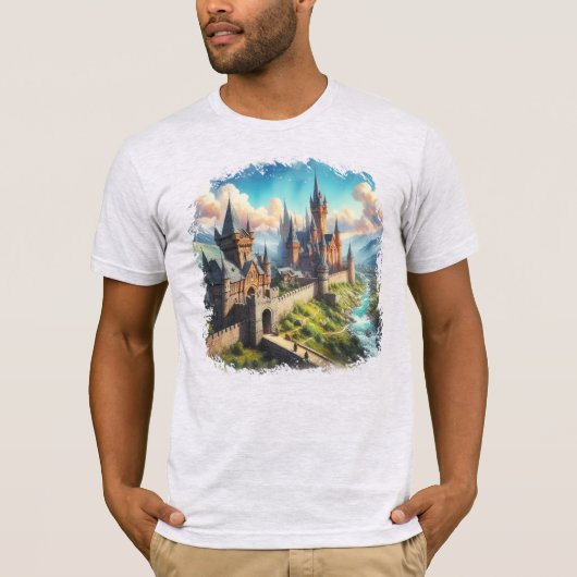Middeleeuws kasteel in een bergvallei landschap t-shirt (Voorkant)