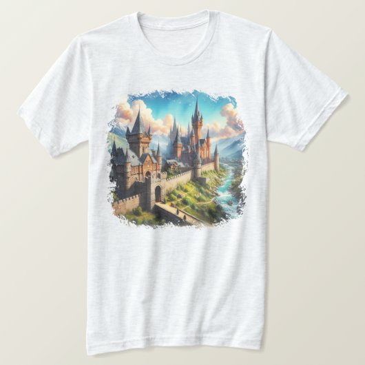 Middeleeuws kasteel in een bergvallei landschap t-shirt (Design voorkant)