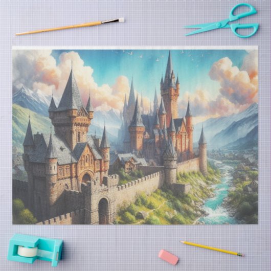 Middeleeuws kasteel in een bergvallei landschap tissuepapier (Craft)