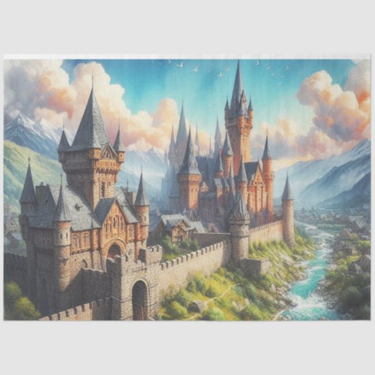 Middeleeuws kasteel in een bergvallei landschap tissuepapier (Voorkant)