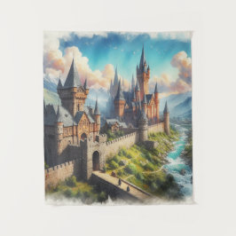 Middeleeuws kasteel in een bergvallei landschap wandkleed