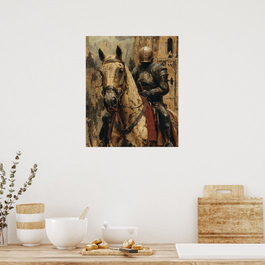 Middeleeuws Knight Riding Horse Illustration Poste Poster (Keuken)