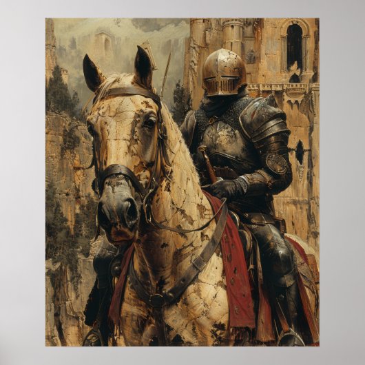 Middeleeuws Knight Riding Horse Illustration Poste Poster (Voorkant)