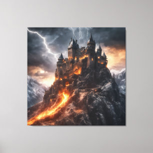 Middeleeuws Lightning Mountain Lava Kasteel Canvas Afdruk