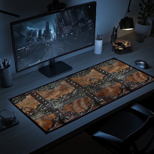 Middeleeuws rustiek leer en ijzeren printerbalie M Bureaumat