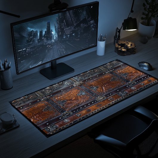 Middeleeuws rustiek leer en ijzeren printerbalie M Bureaumat