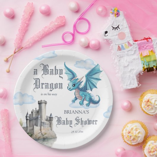 Middeleeuws schattig blauw draak baby shower aange papieren bordje (Feest)