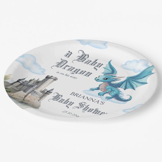 Middeleeuws schattig blauw draak baby shower aange papieren bordje (Gekanteld)