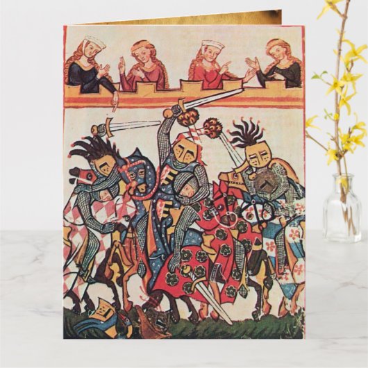 MIDDELEEUWS TOERNOOI, VECHTENDE RIDDERS EN JONKVRO KAART (Gele Bloem)