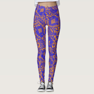 Middeleeuws Uniek Bloemen Ornament Kobalt Blauw Si Leggings