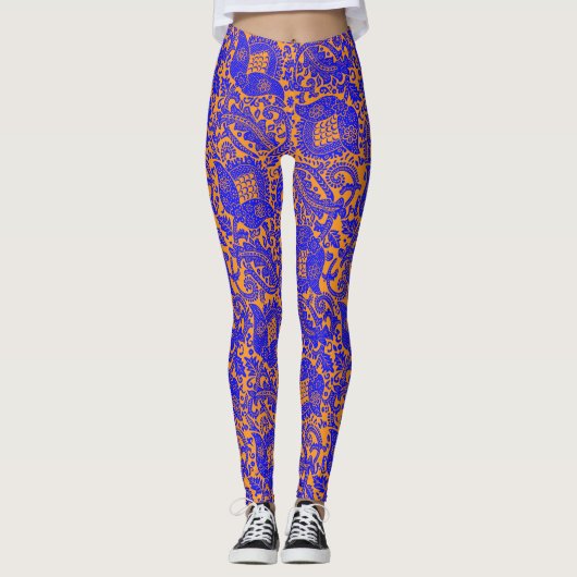 Middeleeuws Uniek Bloemen Ornament Kobalt Blauw Si Leggings (Voorkant)