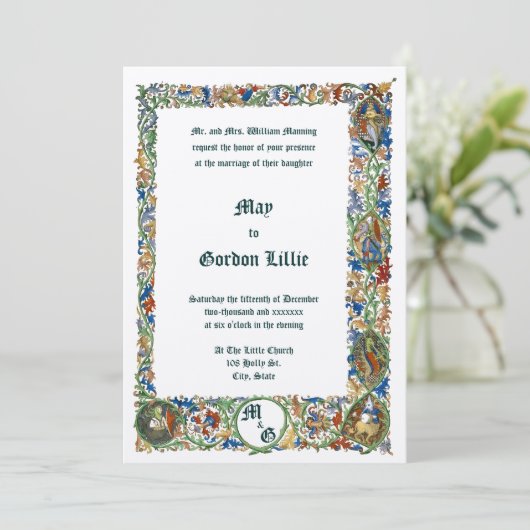 Middeleeuwse 1400's Verlichte bruiloft Kaart (Staand voorkant)