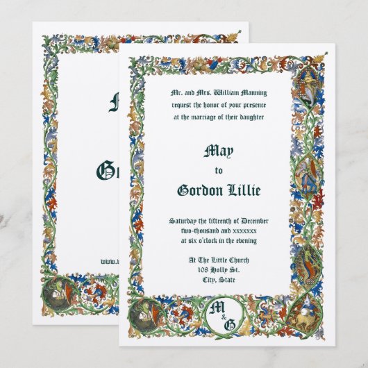 Middeleeuwse 1400's Verlichte bruiloft Kaart (Voorkant / Achterkant)