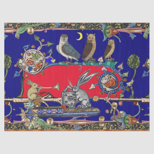 MIDDELEEUWSE BESTIARY MAKEN MUZIEK Uilen, Konijnen Tissuepapier (Voorkant)