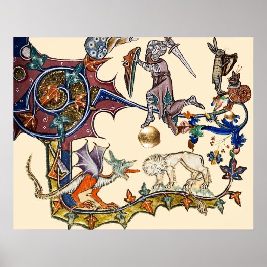 MIDDELEEUWSE BESTIARY OORLOG Slak vs Ridder ,Draak Poster (Voorkant)