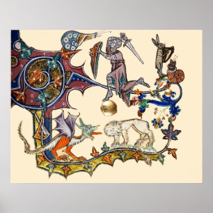 MIDDELEEUWSE BESTIARY OORLOG Slak vs Ridder ,Draak Poster