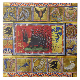 MIDDELEEUWSE BESTIARY, ZWARTE EGEL KONING en DIERE Tegeltje