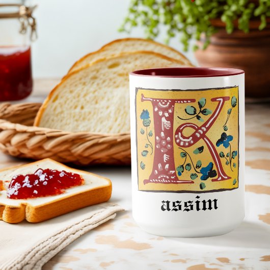 Middeleeuwse bloemilluminatie Letter K Monogrammok Mok