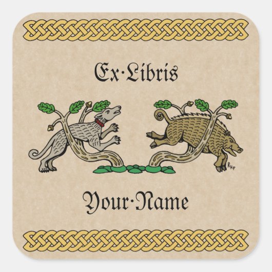 Middeleeuwse Boar Hunt Bookplate Vierkante Sticker (Voorkant)