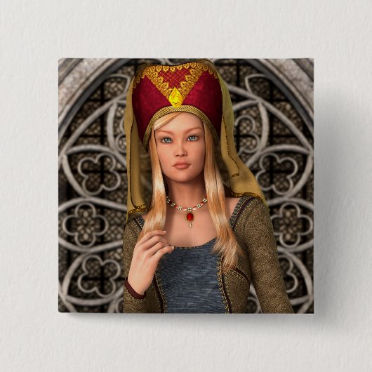 Middeleeuwse Dame Vierkante Button 5,1 Cm (Voorkant)
