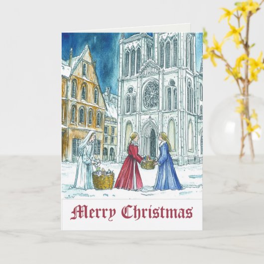 Middeleeuwse dorpsscène Vrolijk kerstfeest Kaart (Gele Bloem)