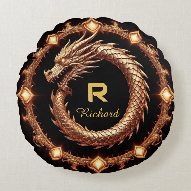 🐉 Middeleeuwse Draken Kam Namen Ring Frame Emblee Rond Kussen (Voorkant)