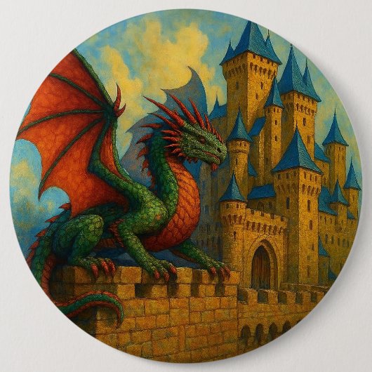 Middeleeuwse Draken Kasteel Beschermer Ronde Button 6,0 Cm (Voorkant)