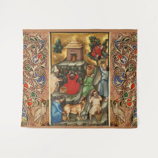 MIDDELEEUWSE DRUIVEN WIJNGAARD OOGST Antique Druiv Wandkleed (Voorkant (horizontaal))