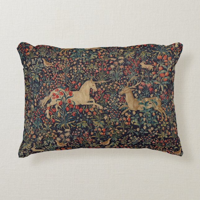 Middeleeuwse Eenhoornhert Midnight Floral Garden Accent Kussen (Voorkant)