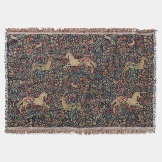 Middeleeuwse Eenhoornhert Midnight Floral Garden Deken (Voorkant)