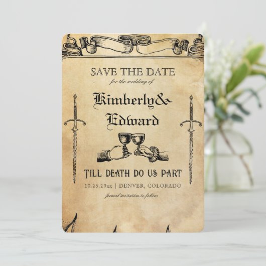 Middeleeuwse fantasie Middeleeuwen gravure Save The Date (Staand voorkant)