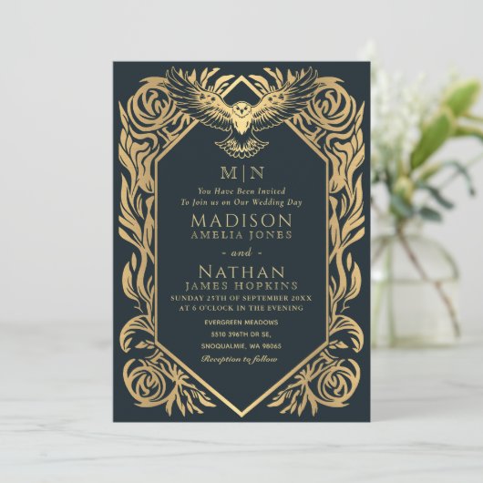 middeleeuwse fantasie uil bruiloft uitnodiging (Staand voorkant)