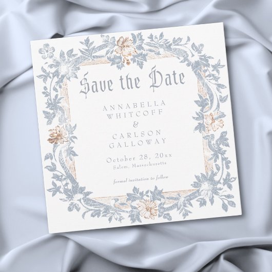Middeleeuwse Fantasy Frame Blauw Goud Etsing Bruil Save The Date