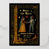 Middeleeuwse Fantasy Ridder en Dame Bewaar de Datu Folie Uitnodiging (Voorkant)