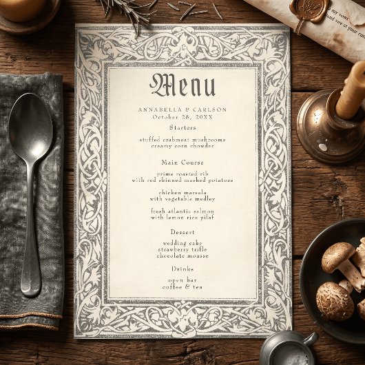 Middeleeuwse Fantasy Zwarte Vintage Etsing Bruilof Menu