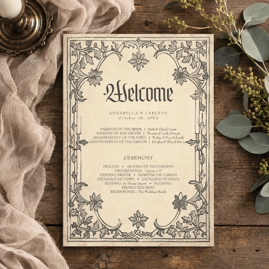 Middeleeuwse Fantasy Zwarte Vintage Etsing Bruilof Programmakaart