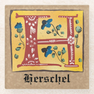 Middeleeuwse Floral, verlicht Letter H Monogram Glazen Onderzetter