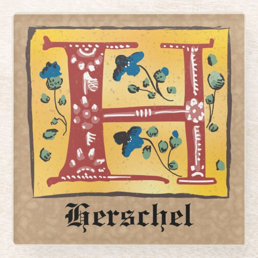 Middeleeuwse Floral, verlicht Letter H Monogram Glazen Onderzetter (Voorkant)