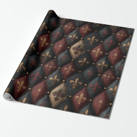Middeleeuwse Geplooide Fleur-de-Lis Harlekijn Patr Cadeaupapier (Uitgerold)